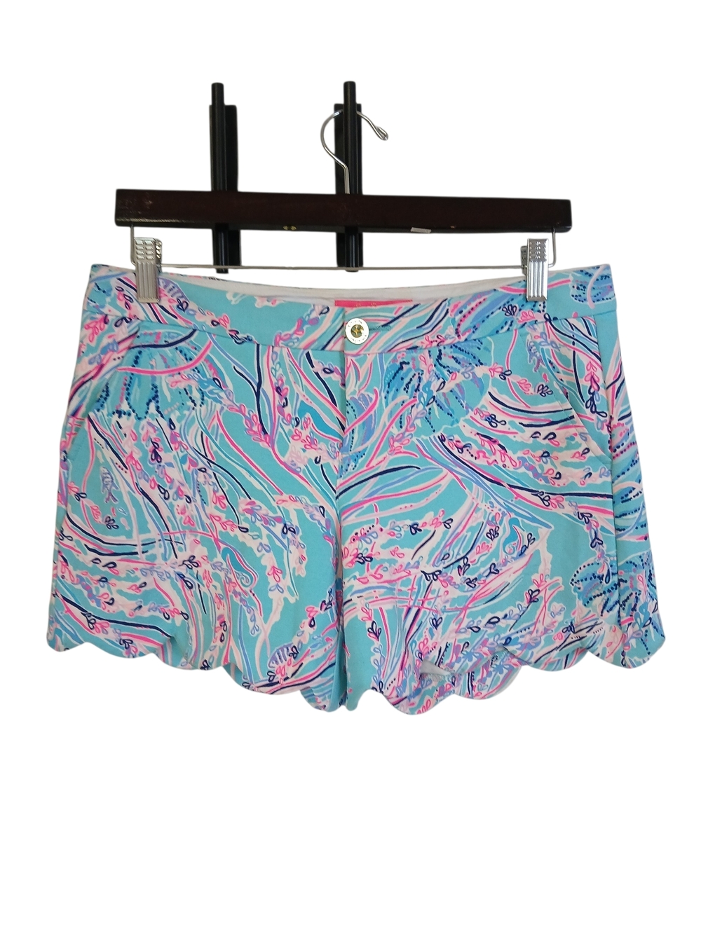 Lilly Pulitzer Aqua & Pink Printed Scallop Hem High-Waist Shorts